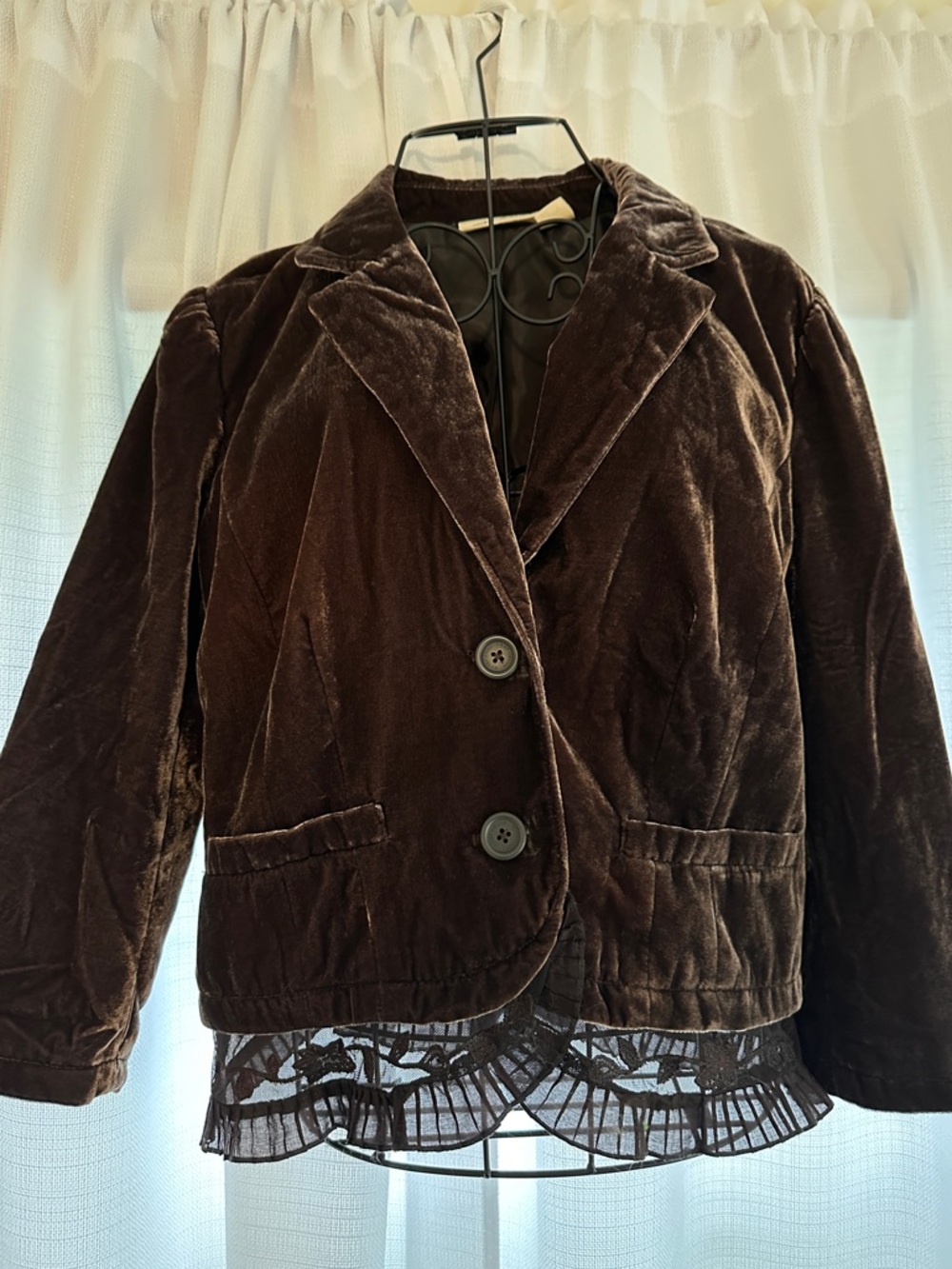 DKNY Chocolate Brown Velvet Cropped Blazer with Lace Detail
